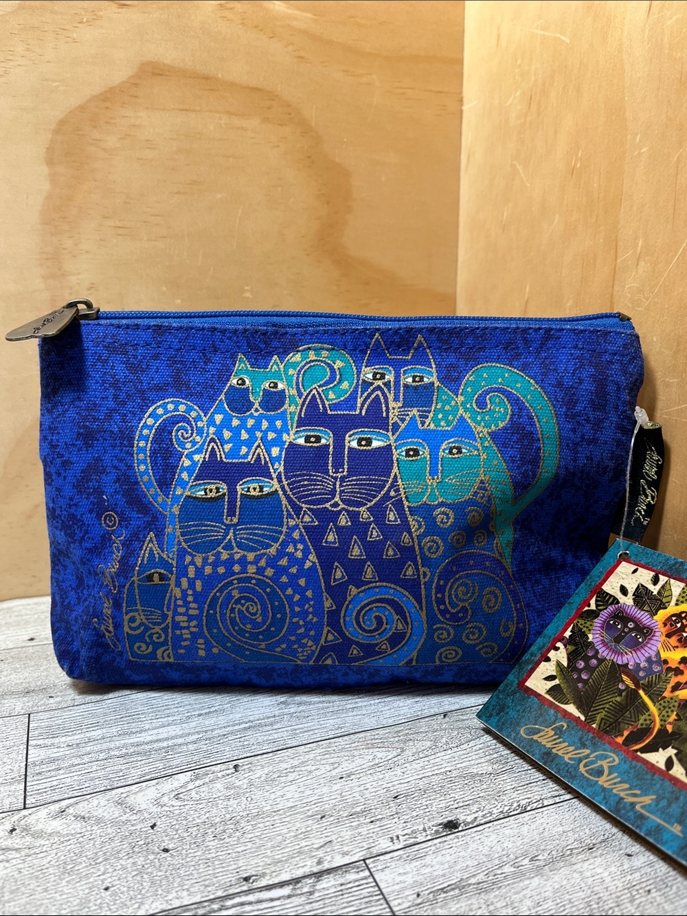 NWT Laurel Burch Indigo Cat Design Blue Canvas Zippered Pouch
